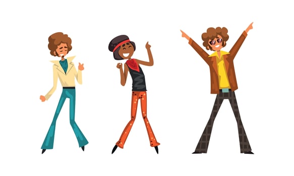 Male and Female Pop Musicians Characters Set, Performer Singers Wearing 70s Retro Fashion Style Clothes Cartoon Illustration vector