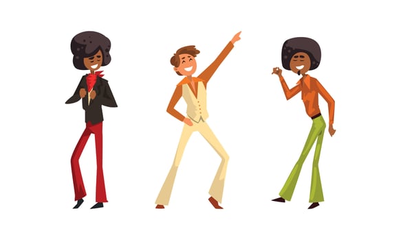 Retro Pop Musicians Set, Performer Singers Characters Wearing 70s Fashion Disco Style Clothes Cartoon Illustration vector