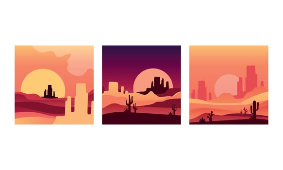 Desert Landscape at Sunset Set, Beautiful Nature Scenery with Cactus and Hills Silhouettes Illustration vector