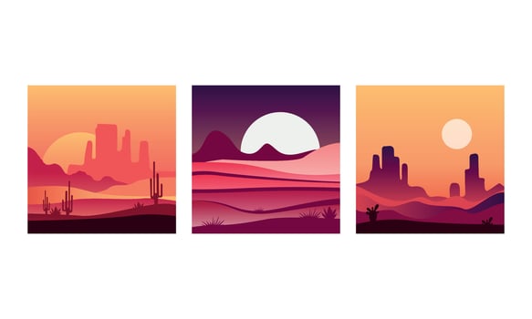 Desert Landscape at Sunrise and Sunset Set, Beautiful Nature Scenery Background Illustration vector