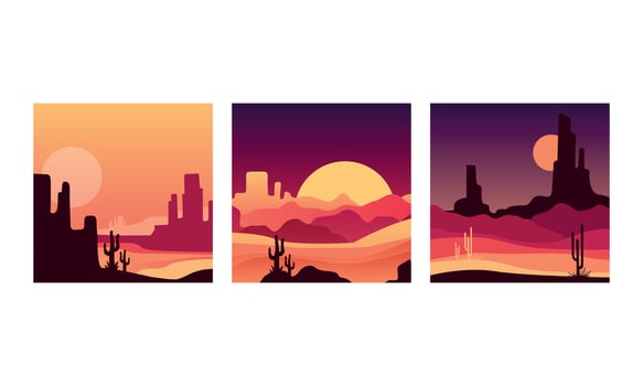 Desert Landscape at Sunset Set, Beautiful Nature Scenery Background with Cactus and Mountains Silhouettes Illustration vector