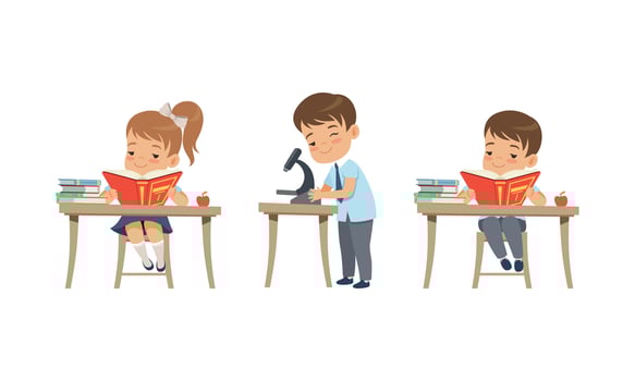 Cute Kids Studying at School Set, Elementary School Students in School Uniform Reading Books and Looking through Microscope Cartoon Illustration vector