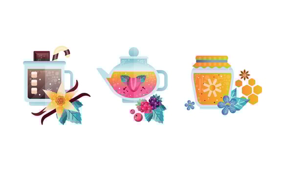 Herbal Tea Collection, Glass Transparent Cups of Healthy Aroma Drink, Cocoa, Tea, Homey Jar Flat Illustration vector