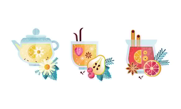 Hot Drinks Collection, Glass Transparent Mugs of Herbal Healthy Medicinal Tea Illustration vector