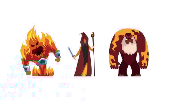 Fantastic Magical Creature Characters Set, Flaming Fire Demon, Wizard, Bigfoot Cartoon Illustration vector