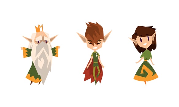 Cute Forest Elves Set, Fairytale Magic Characters in Green Clothes Cartoon Illustration vector