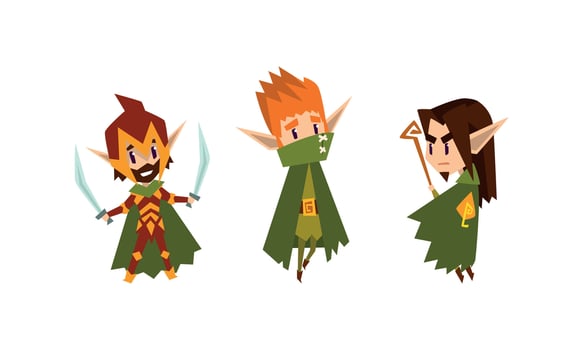 Cute Warlike Forest Elves Set, Fairytale Magic Characters in Green Clothes Cartoon Illustration vector