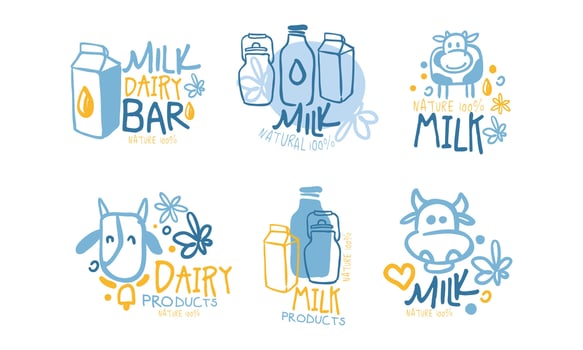 Milk Dairy Bar Logo Design Set, Natural Healthy Organic Products Badges, Labels Cartoon Illustration vector