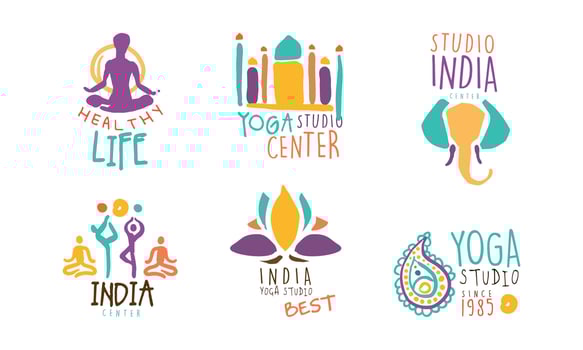 India Yoga Studio Center Logo Design Set, Sport Club, Meditation Class, Spa Studio Emblems Hand Drawn Illustration vector