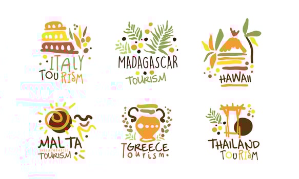 Touristic Logo Templates Design, Travel over the World, Italy, Madagascar, Hawaii, Malta, Greece, Thailand Emblems Hand Drawn Illustration vector