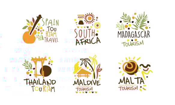 Touristic Logo Templates Design, Travel over the World, Spain, Madagascar, South Africa, Maldive, Malta, Thailand Emblems Hand Drawn Illustration vector