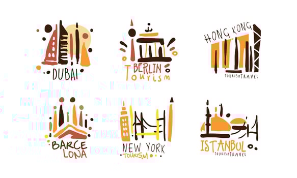 Touristic Logo Templates Design, Travel over the World, Dubai, Berlin, Hong Kong, Barcelona, New York, Istanbul Emblems Hand Drawn Illustration vector
