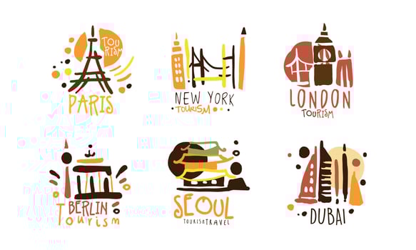 Touristic Logo Templates Design, Travel over the World, Paris, Dubai, London, Berlin, Seoul, New Yyork Emblems Hand Drawn Illustration vector