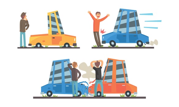Auto Accidents on Road Set, Male Drivers Standing on Roadside at Crashed Automobiles, Auto Insurance Concept Cartoon Illustration vector