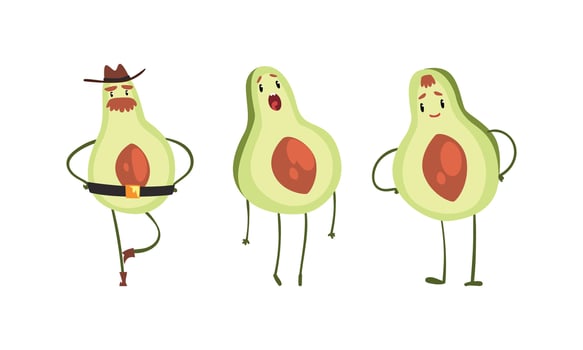 Cute Avocado Characters Set, Funny Humanized Fruit Activity Cartoon Illustration vector