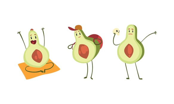 Cute Avocado Characters Set, Funny Humanized Fruit Doing Sports, Traveling, Performing in Theater Cartoon Illustration vector