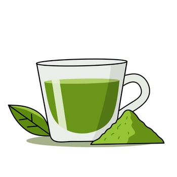 illustration of a cup of matcha green tea with a tea leaf and a pile of powdered matcha, ideal for health, organic, Japanese culture, or tea-themed designs vector
