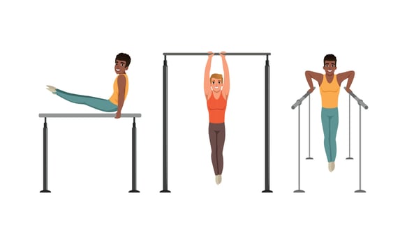 Young Guy Training on Different Gymnastics Apparatus Like Horizontal and Parallel Bars Set vector
