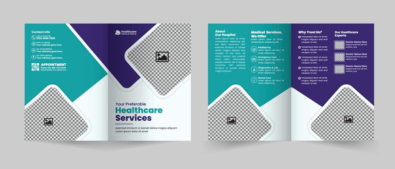 Modern bifold brochure for medical services or clinic, hospital, and diagnostic center template, Organized cover and inside page layout vector