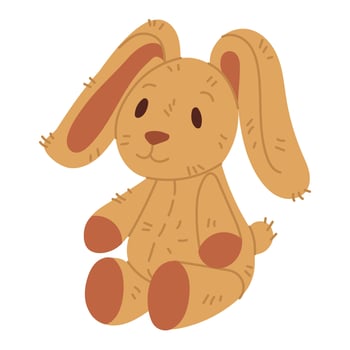 Soft plush rabbit toy. Children's soft, gentle toy with long ears on side. Flat, isolated, colorful illustration. Soft friend for the child. toy represents fluffy love with soft filling for children's vector