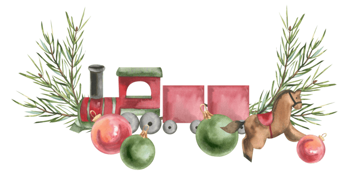Christmas watercolor composition with retro red santa train, wooden horse toy decorated with red and green ball and spruce branches illustration. Hand drawn New year festive and winter vintage clipart png