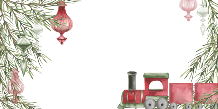 Christmas vintage watercolor frame with red train toy,evergreen spruce branches and glass red and green decoration illustrations.Hand drawn New year balls, floral elements for ivitation,poster design png