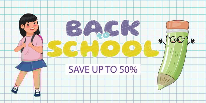 Cartoon back to school promotion, cute kid, smiling pencil, grid paper, yellow and purple lettering vector