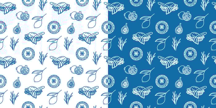 Contemporary blue Mediterranean seamless pattern with hand-drawn lemons, rosemary, figs, and bread vector
