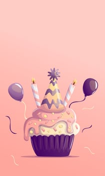 Birthday cupcake with candles and balloons vector