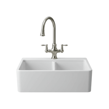 White ceramic double bowl farmhouse kitchen sink with a classic brushed metal faucet png