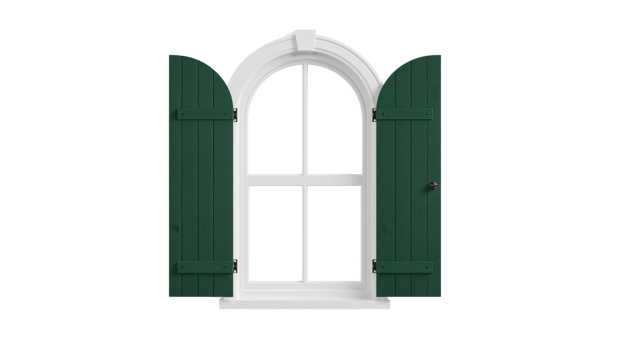 Elegant arched window frame with vibrant green shutters on a transparent backdrop png