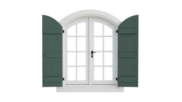 Arched white window with open green shutters against an isolated transparent backdrop png