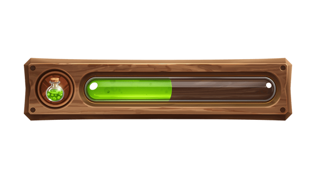 Fantasy game progress bar with potion icon and green liquid on transparent background png