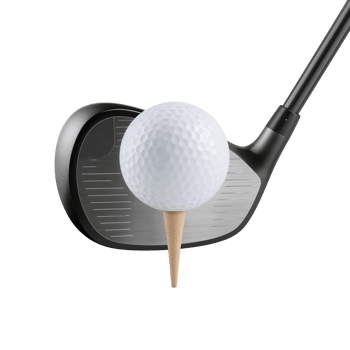 Golfing precision exemplified white golf ball teed up against a club head in perfect alignment png