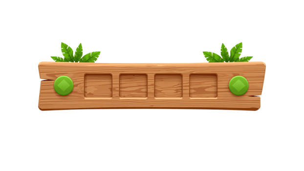 Cartoon Wooden Signboard with Tropical Leaves and Green Buttons on isolated transparent backdrop png