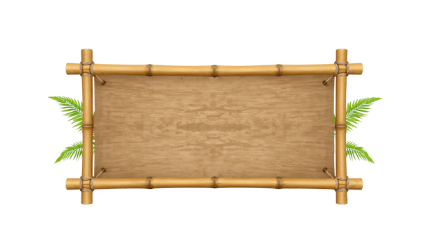 Tropical themed blank wooden sign with bamboo frame and fern accents on transparent background png