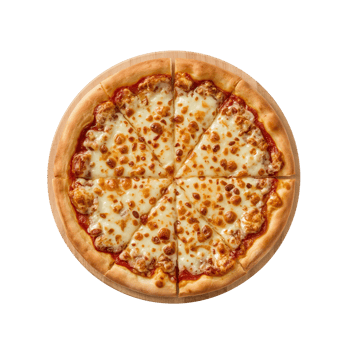 A tempting overhead shot of a perfectly sliced pizza with melted cheese and crispy crust on light png