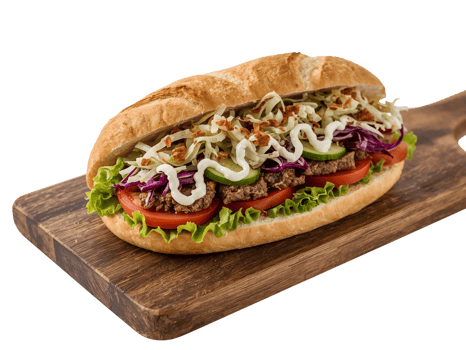 Deliciously assembled kebab sandwich with vibrant vegetables on a rustic wooden board presentation png