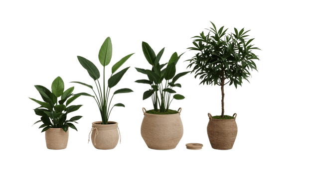 Elegant collection of potted plants exhibiting fresh green leaves and modern aesthetic design on png