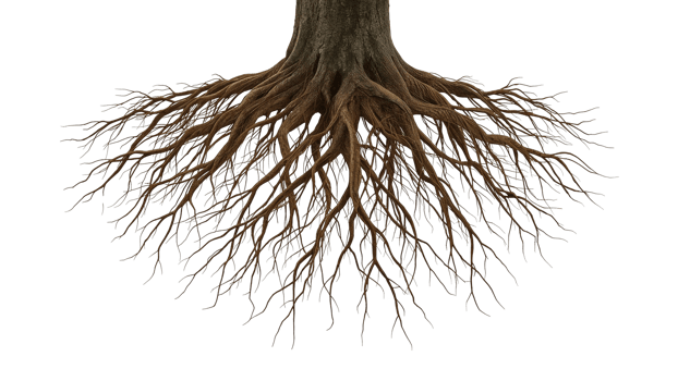 Detailed tree roots against a void backdrop, a symbol of nature's tenacity and interconnectedness, png