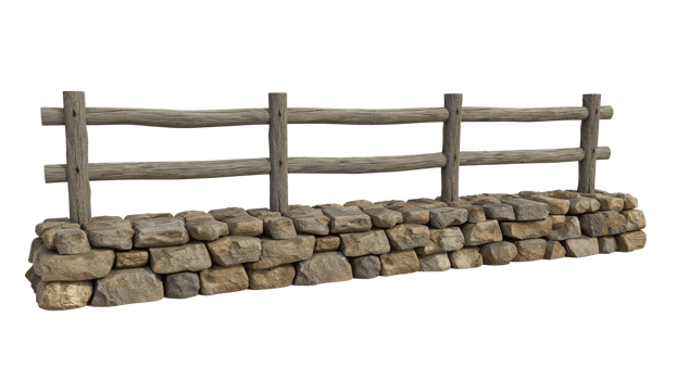 Rustic Stone Wall with Wooden Fence Isolated on Transparent Background, Detailed Textures and png