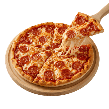 Delicious pepperoni pizza with melted cheese on a wooden board in isolated transparent background png