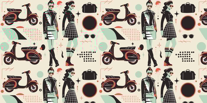 illustration of pattern with vintage woman, scooter, and accessories vector