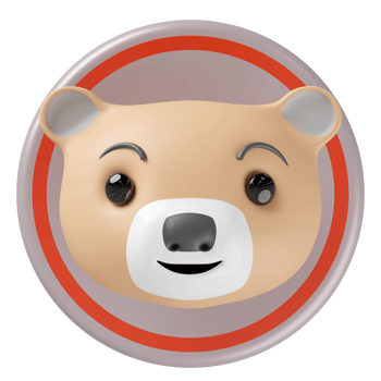 A cute 3D cartoon bear head with a friendly smile, big eyes, and a black nose, set within a grey circular badge with a red border. Whimsical animal character. png