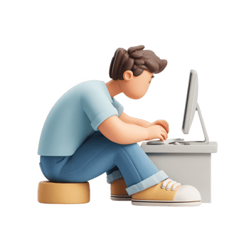 3d icon user illustration of a man concentrating while working on a desktop computer, isolated on a transparent background png