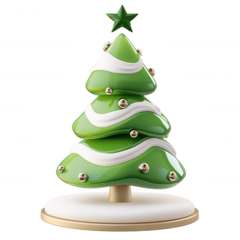 3d icon Glossy green christmas tree with golden decorations, sparkling with snow, standing on white podium, highlighting seasonal elegance png