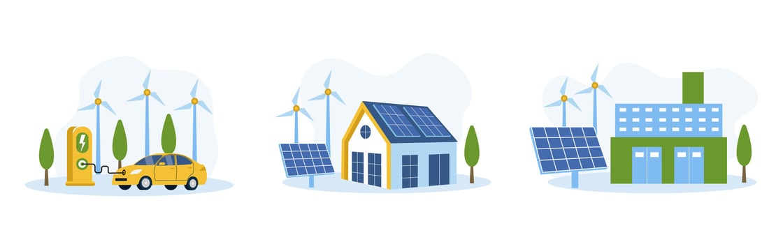 Green energy. House with windmills and solar energy panels, electric car near charging station, industry. Smart grid and renewable concept. vector
