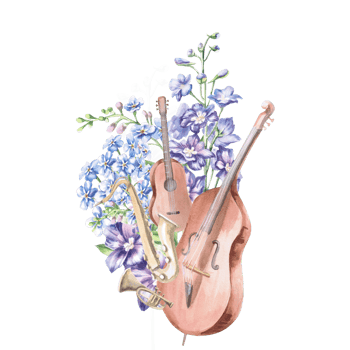 Composition of 4 musical instruments in flowers. Isolated watercolor illustration in realistic style for design of invitations, product labels, postcards, posters. png