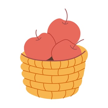 Three apples in a basket. The basket is yellow. The apples are red. The basket is in front of a white background vector