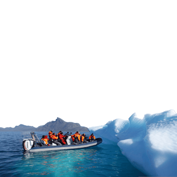 A group of people on a zodiac boat near an iceberg isolated on transparent background png
